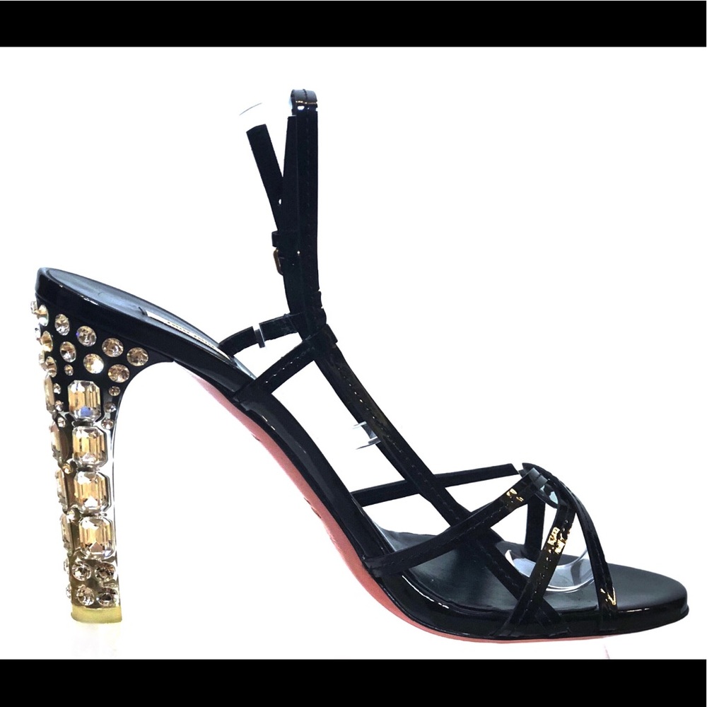 Miu Miu “Vernice” Black Sandals with Crystal Heels
